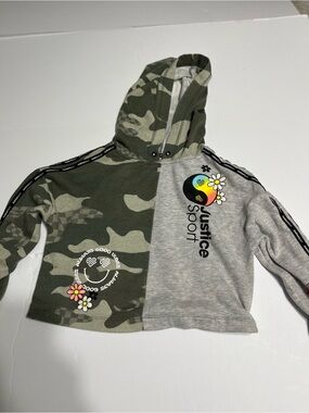 Justice Sport Green Camo and Gray Cropped Hoodie with Graphic Logos